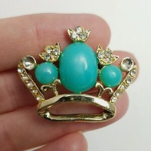 Vintage Crown Shape Rhinestone Brooch, Blue Cabochon Center, Retro Estate